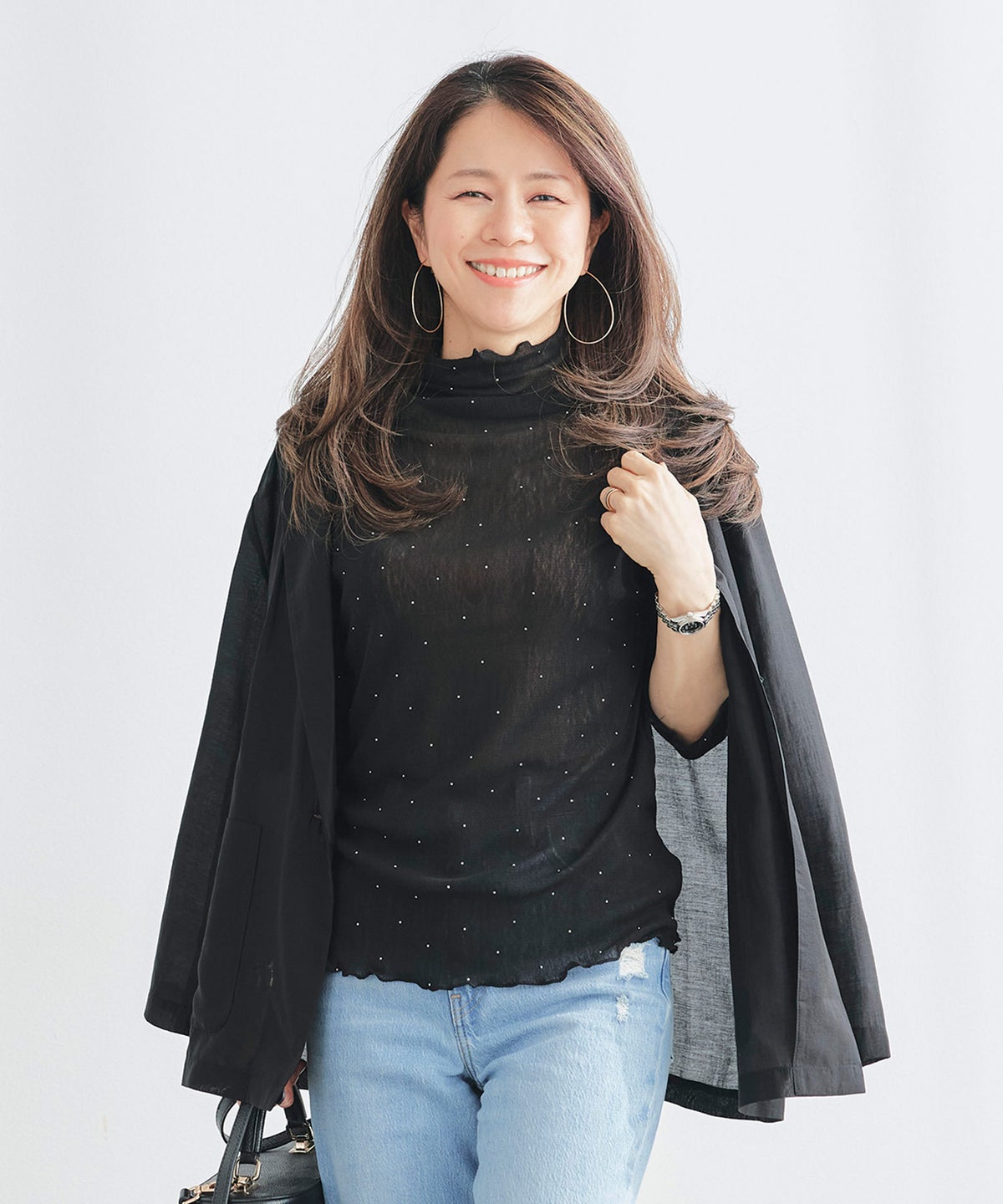 シアー カットソー ホワイト ブラック 長袖 レイヤード タートルネック ジョイントスペース ラインストーン付き シアー トップス ＆BLOOM（アンドブルーム）