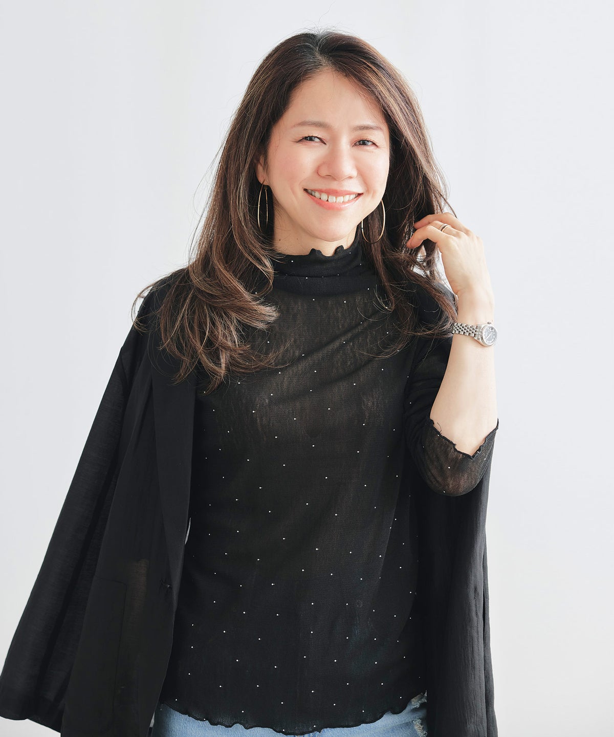 シアー カットソー ホワイト ブラック 長袖 レイヤード タートルネック ジョイントスペース ラインストーン付き シアー トップス ＆BLOOM（アンドブルーム）