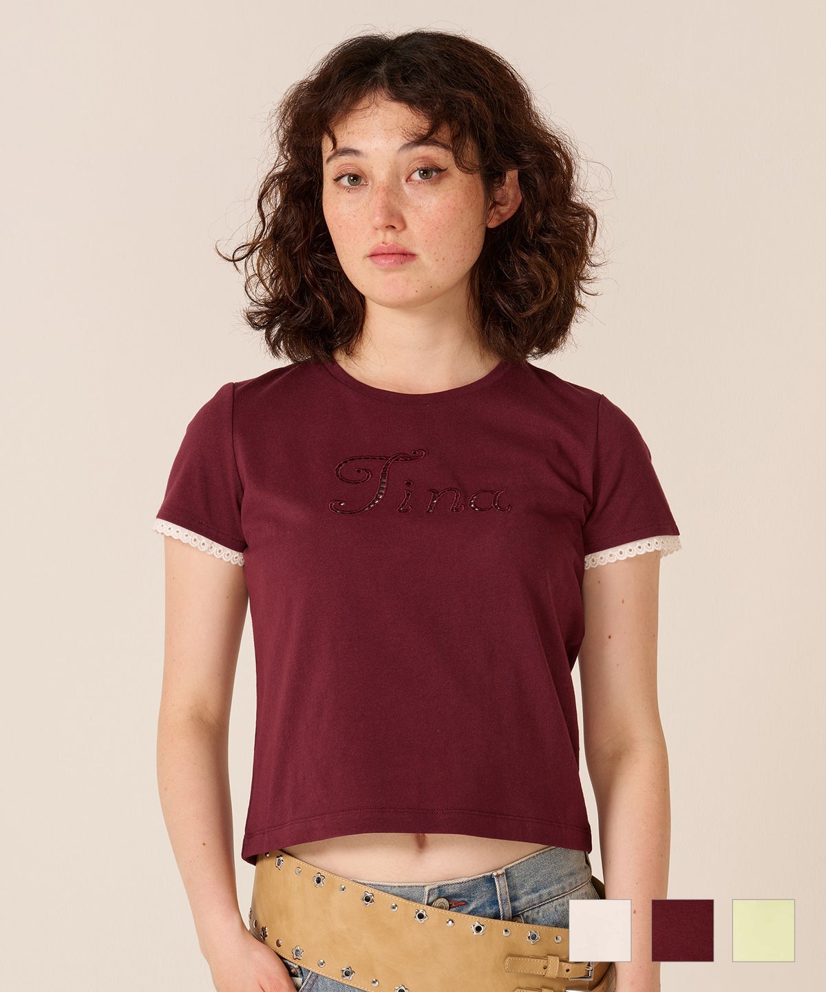 ロゴ/トップス/レース風 刺繍 Tシャツ TINA：JOJUN