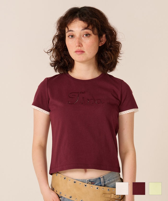 ロゴ/トップス/レース風 刺繍 Tシャツ TINA：JOJUN