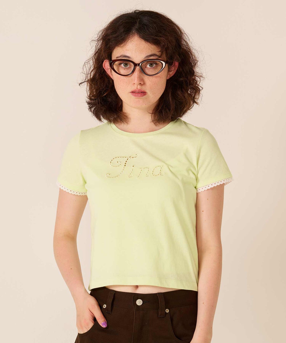 ロゴ/トップス/レース風 刺繍 Tシャツ TINA：JOJUN