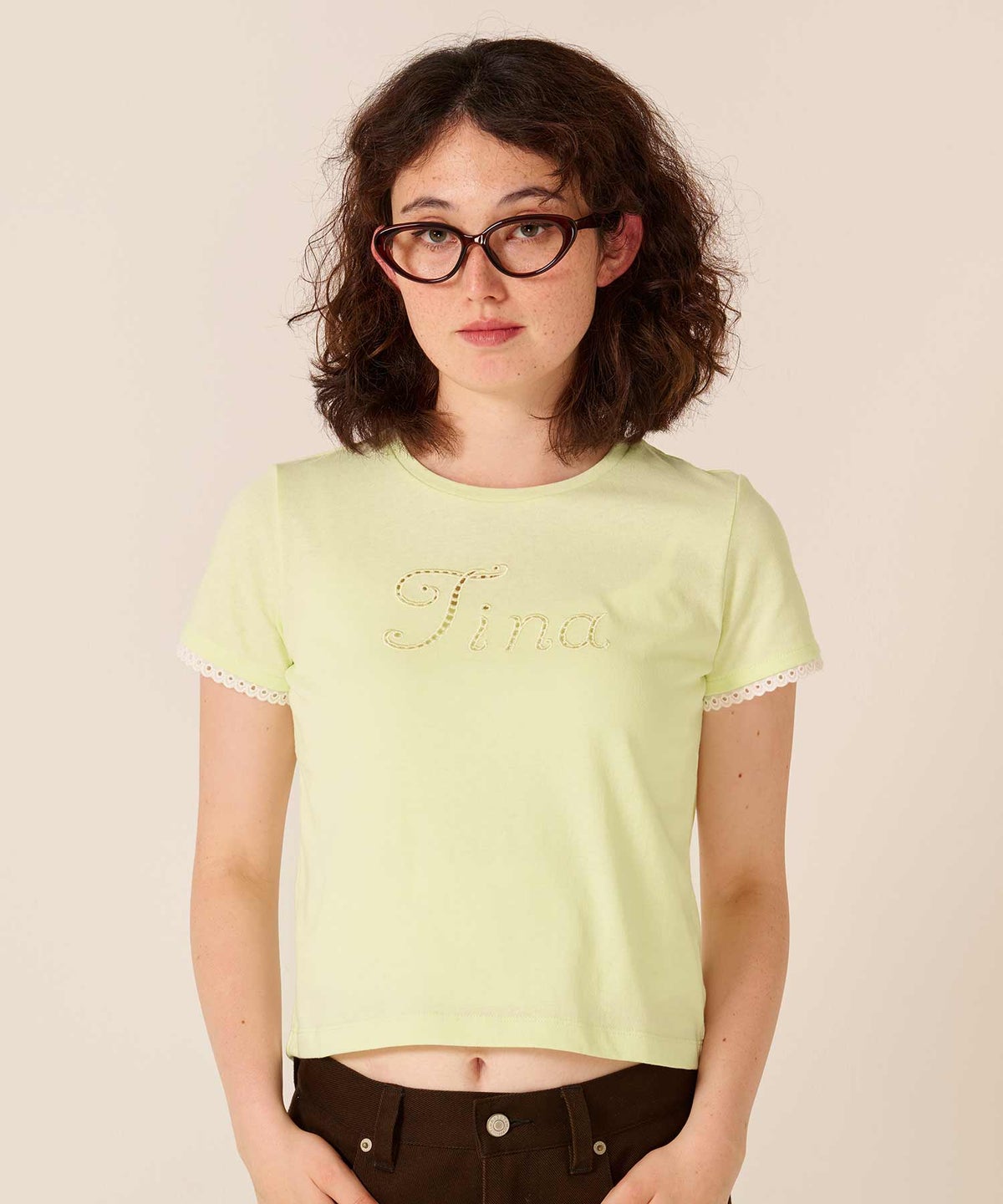 ロゴ/トップス/レース風 刺繍 Tシャツ TINA：JOJUN