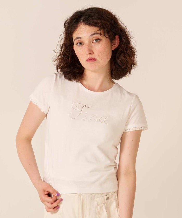 ロゴ/トップス/レース風 刺繍 Tシャツ TINA：JOJUN