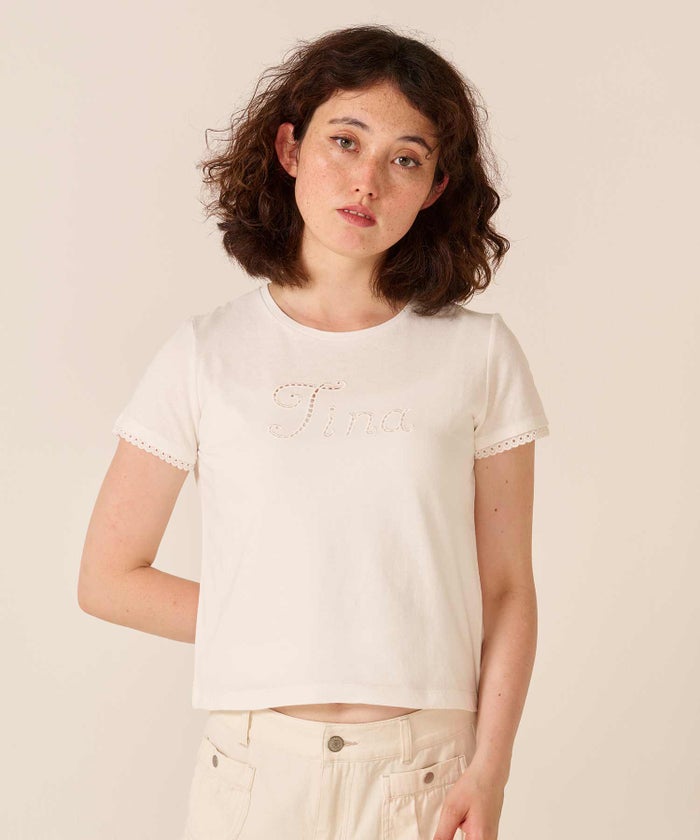 ロゴ/トップス/レース風 刺繍 Tシャツ TINA：JOJUN