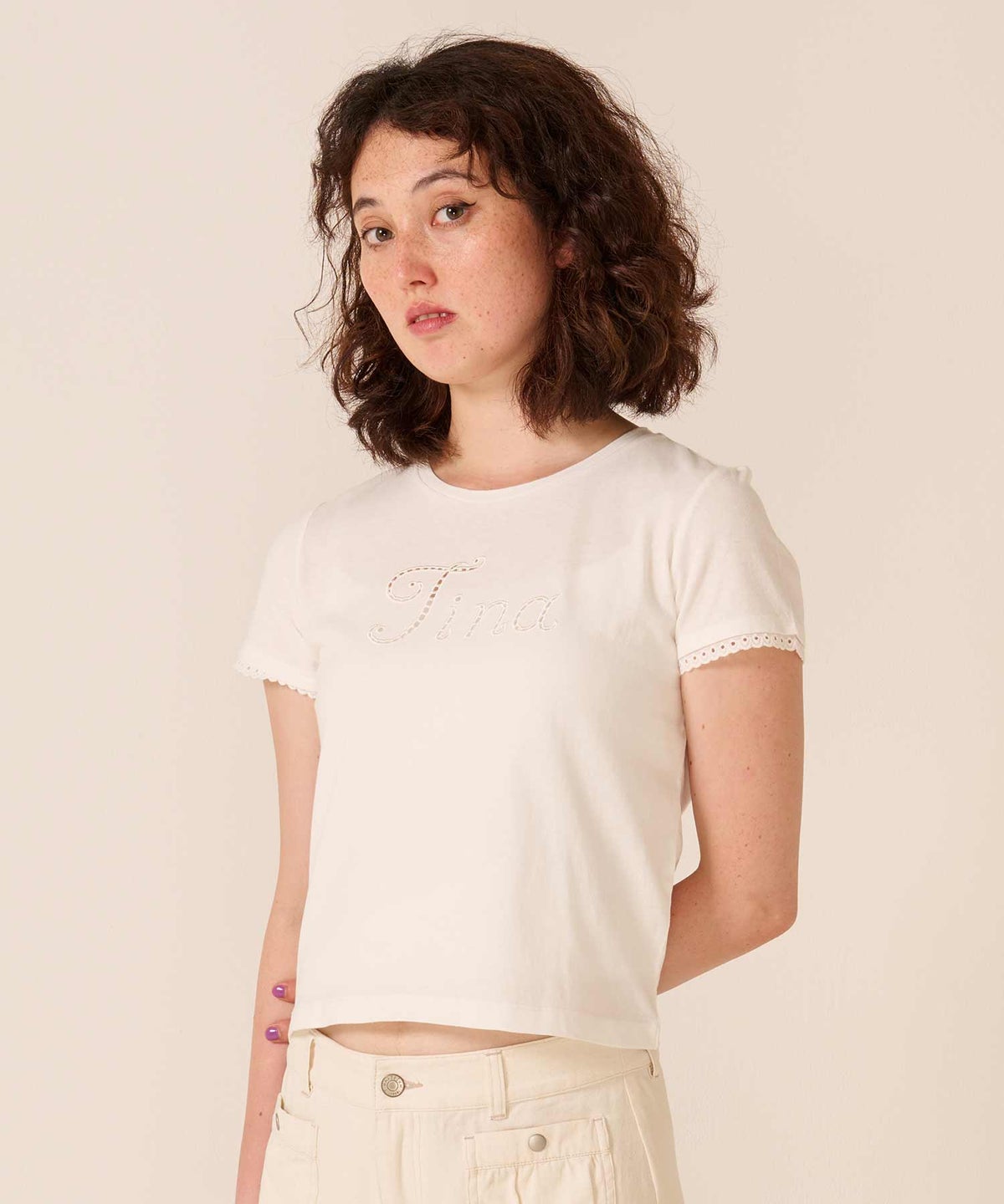 ロゴ/トップス/レース風 刺繍 Tシャツ TINA：JOJUN