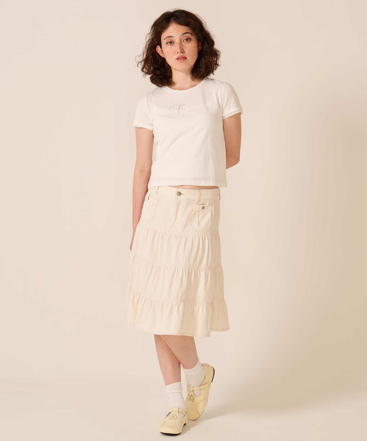 ロゴ/トップス/レース風 刺繍 Tシャツ TINA：JOJUN