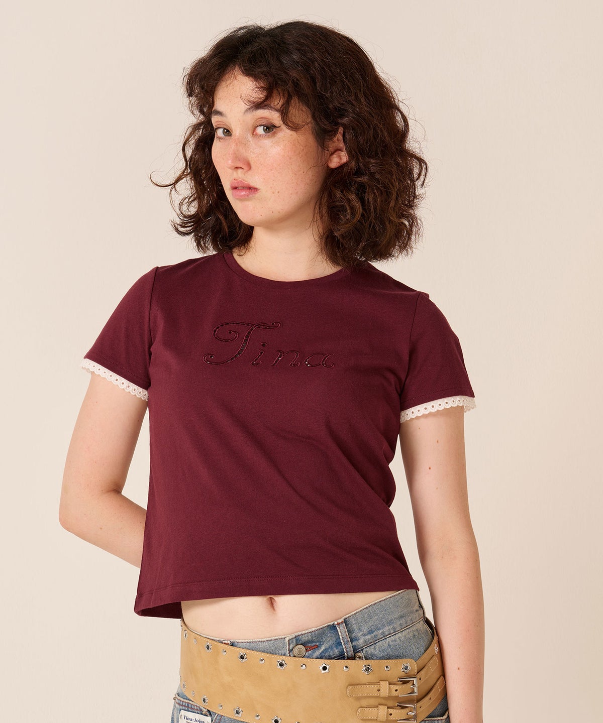 ロゴ/トップス/レース風 刺繍 Tシャツ TINA：JOJUN