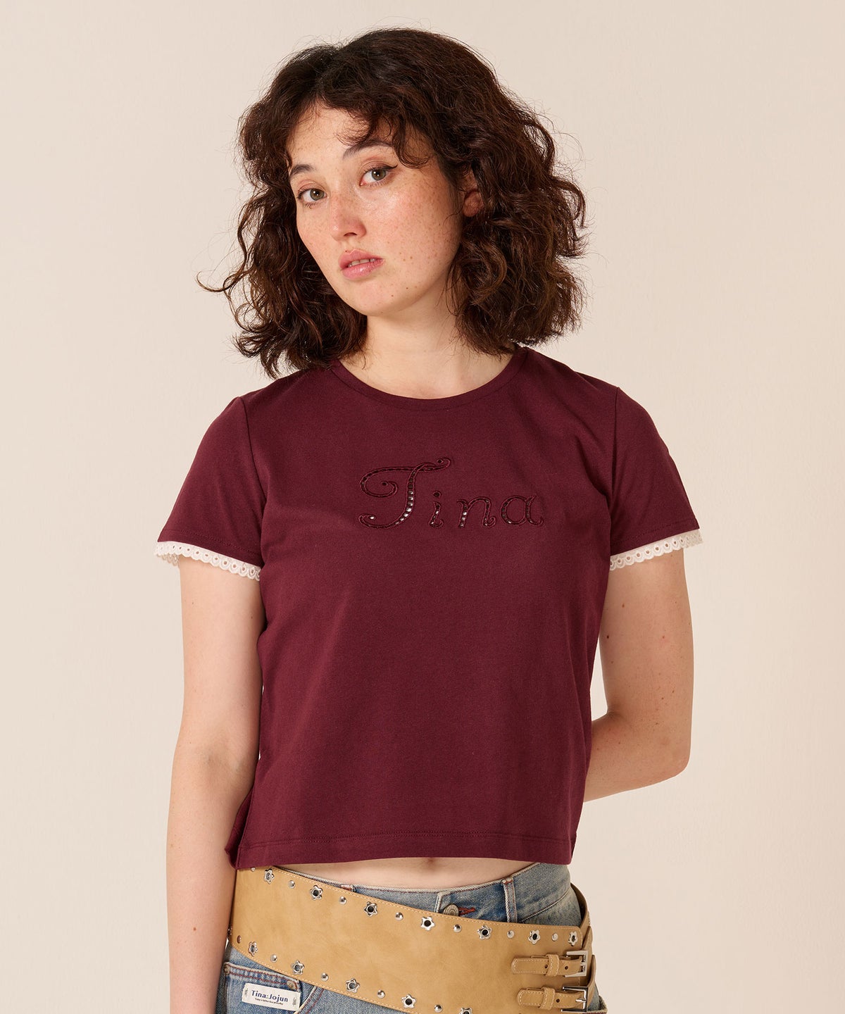 ロゴ/トップス/レース風 刺繍 Tシャツ TINA：JOJUN