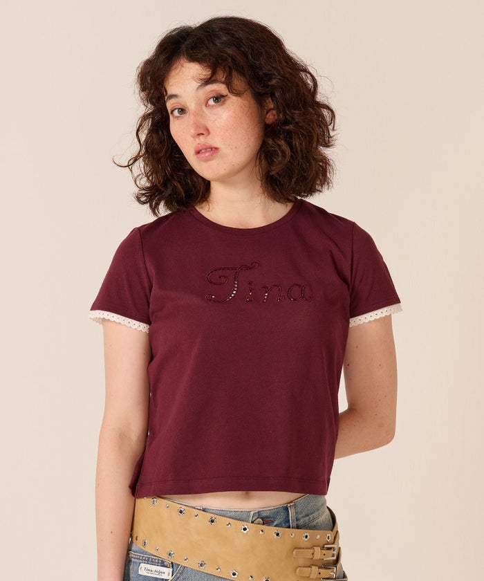 ロゴ/トップス/レース風 刺繍 Tシャツ TINA：JOJUN