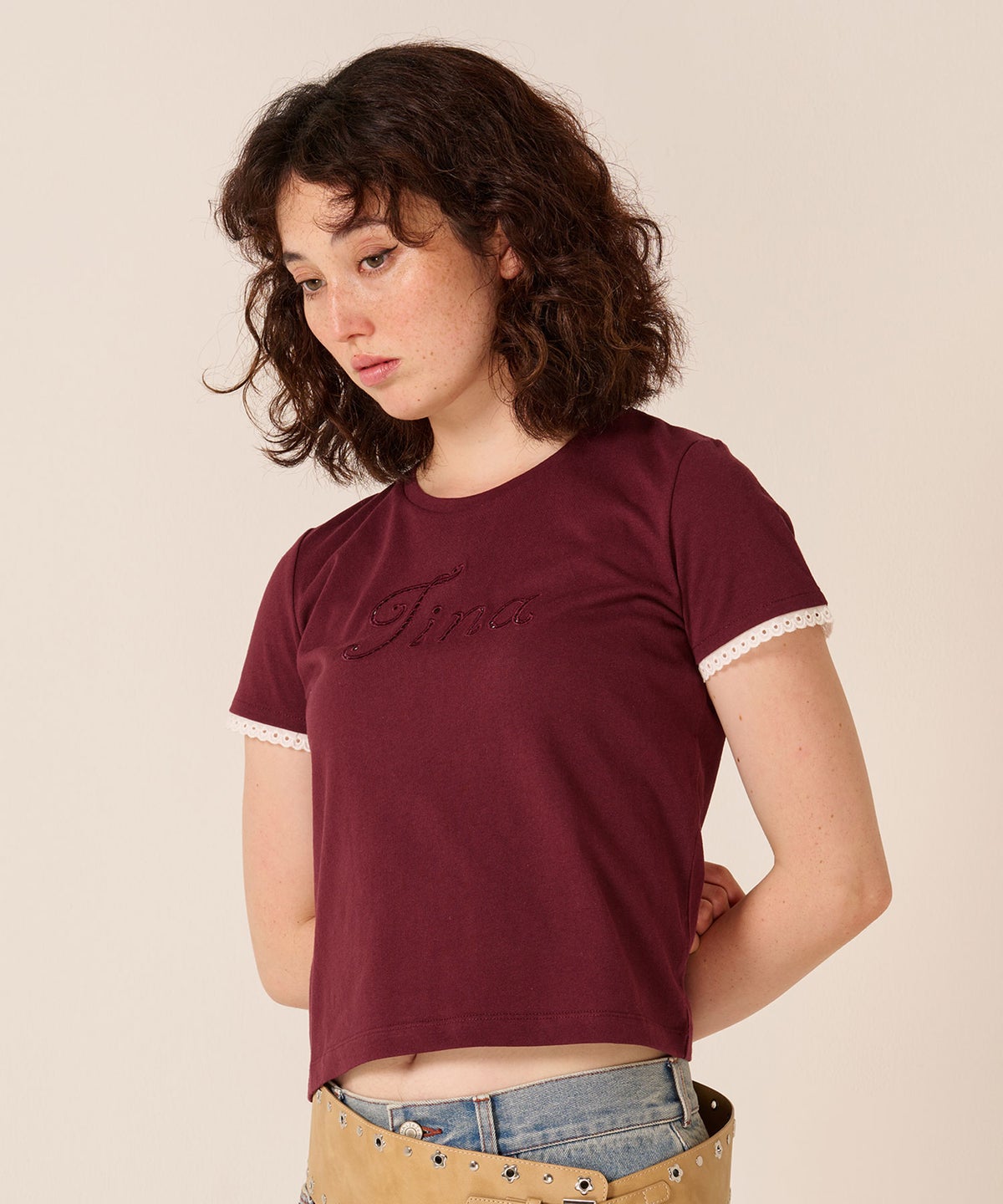 ロゴ/トップス/レース風 刺繍 Tシャツ TINA：JOJUN