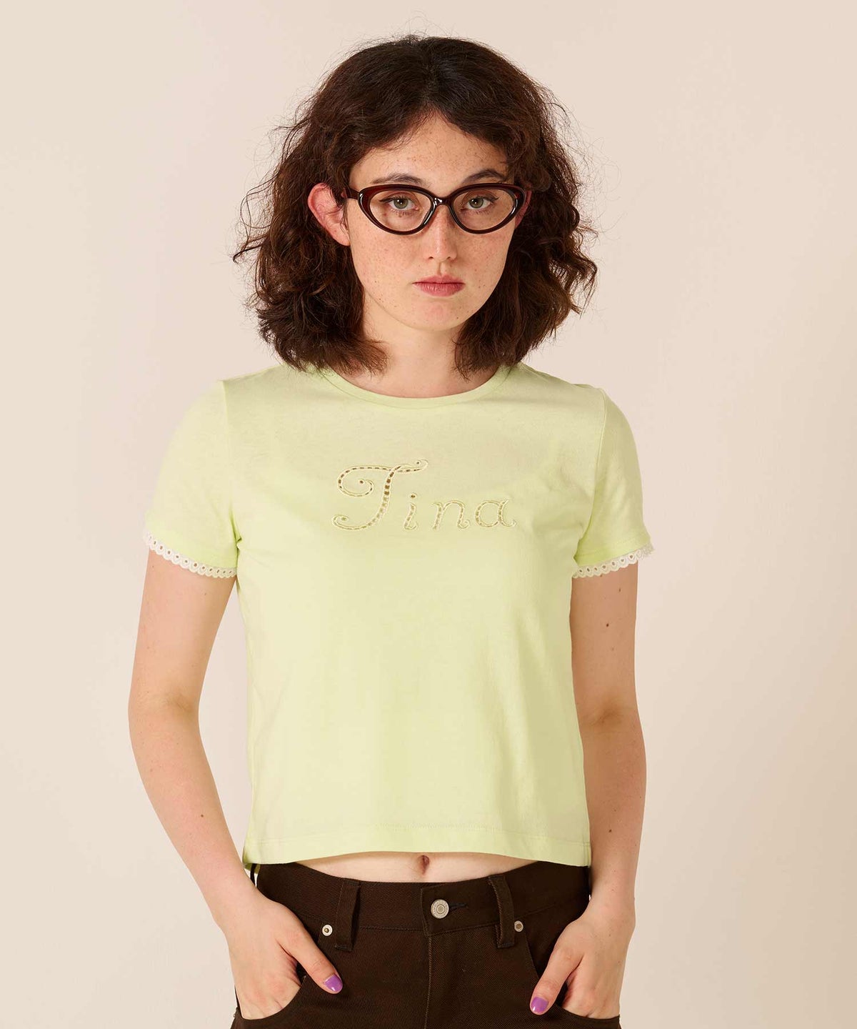 ロゴ/トップス/レース風 刺繍 Tシャツ TINA：JOJUN