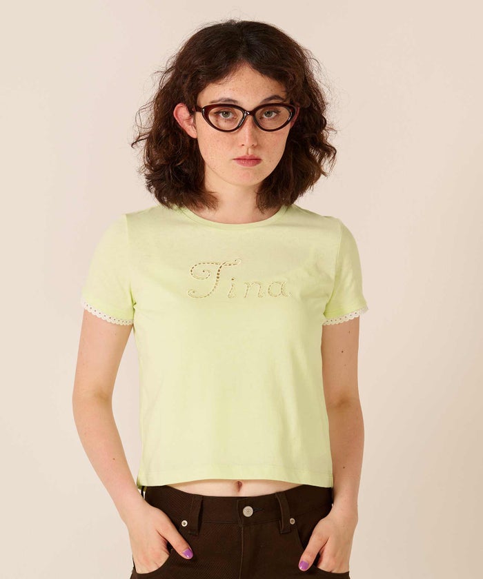 ロゴ/トップス/レース風 刺繍 Tシャツ TINA：JOJUN