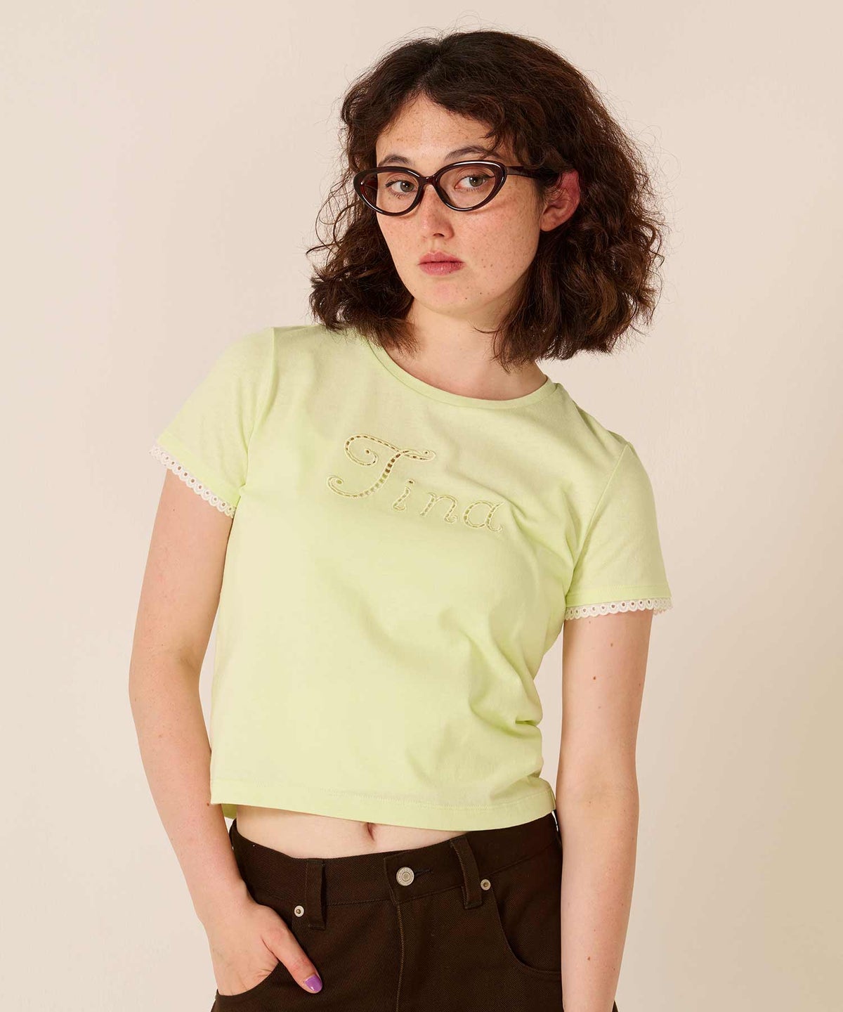 ロゴ/トップス/レース風 刺繍 Tシャツ TINA：JOJUN