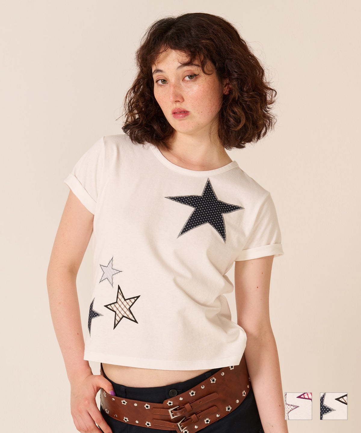 星/カットソー/ドット/スター パッチワーク Tシャツ TINA：JOJUN 