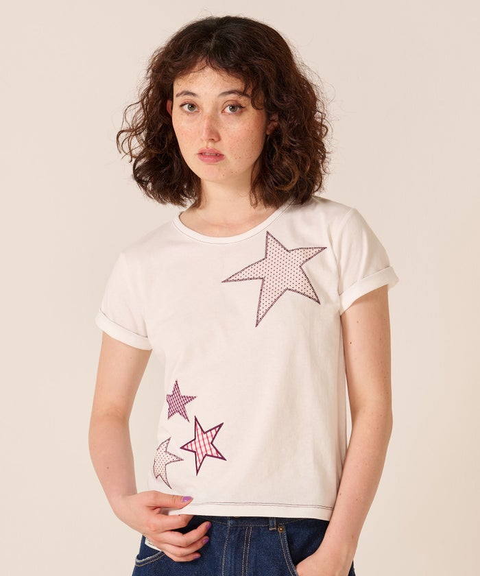 星/カットソー/ドット/スター パッチワーク Tシャツ TINA：JOJUN 