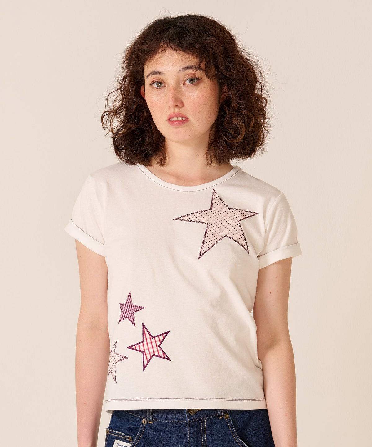 星/カットソー/ドット/スター パッチワーク Tシャツ TINA：JOJUN 
