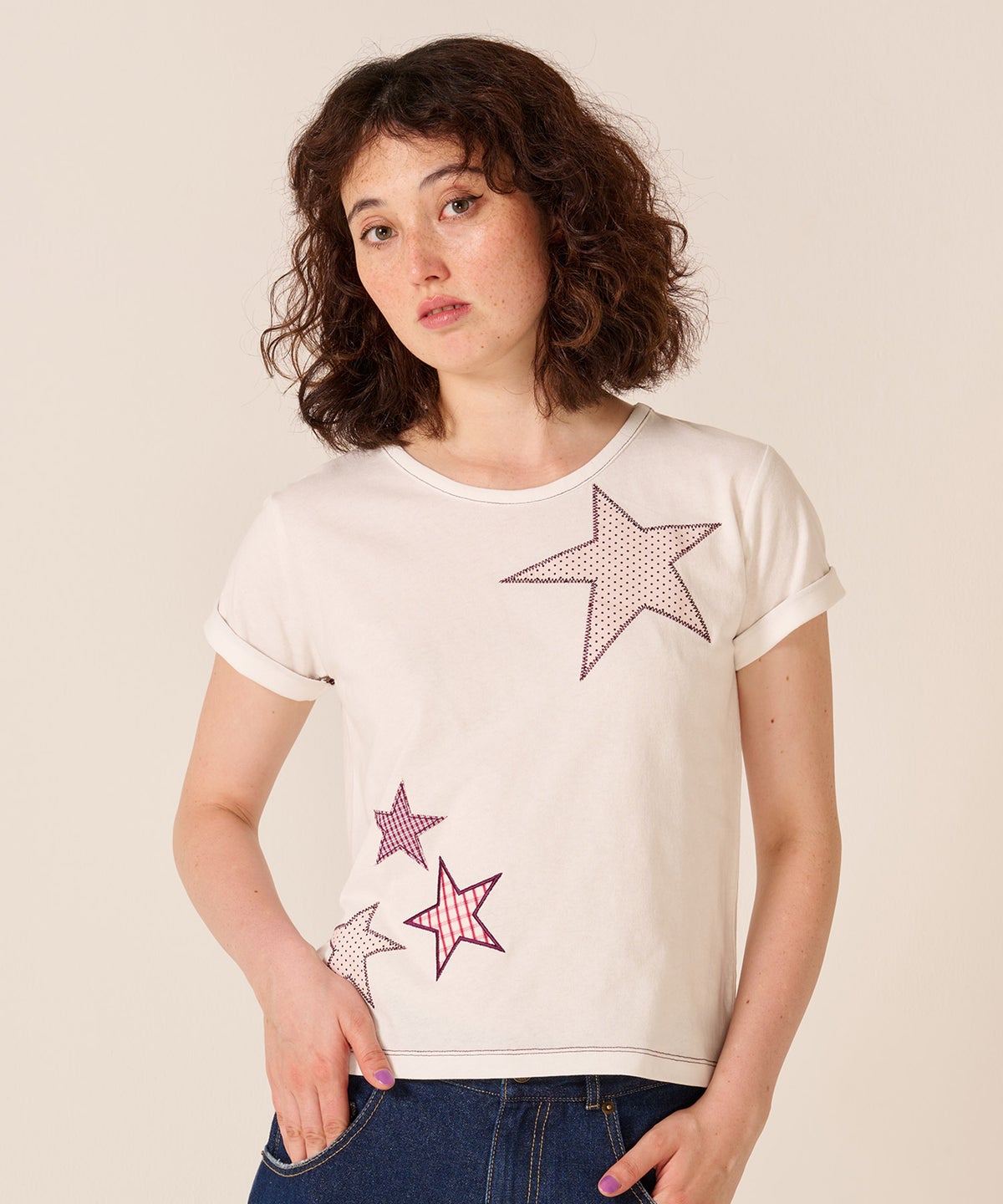 星/カットソー/ドット/スター パッチワーク Tシャツ TINA：JOJUN 