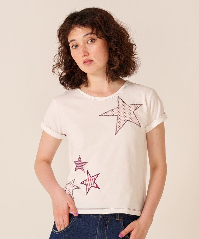 星/カットソー/ドット/スター パッチワーク Tシャツ TINA：JOJUN 