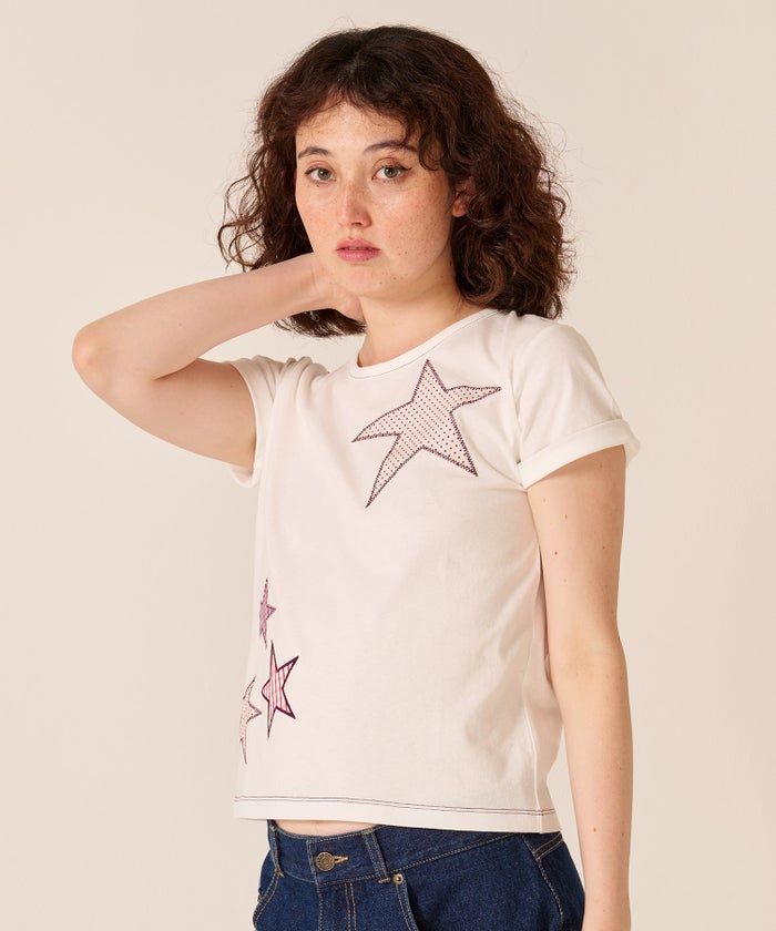 星/カットソー/ドット/スター パッチワーク Tシャツ TINA：JOJUN 