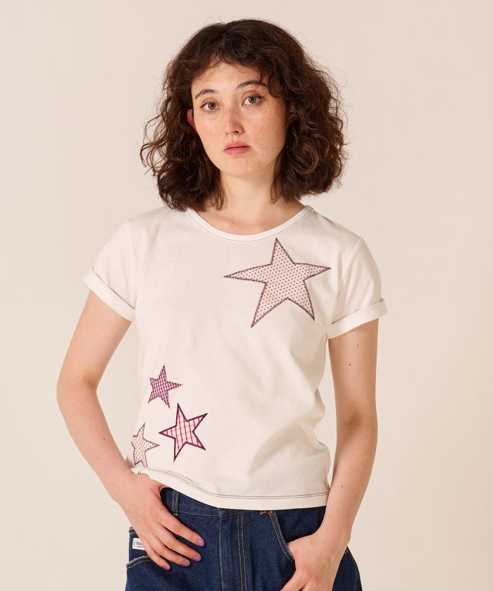 星/カットソー/ドット/スター パッチワーク Tシャツ TINA：JOJUN 