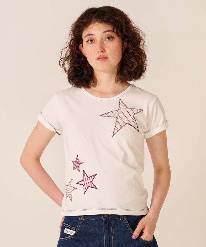 星/カットソー/ドット/スター パッチワーク Tシャツ TINA：JOJUN 