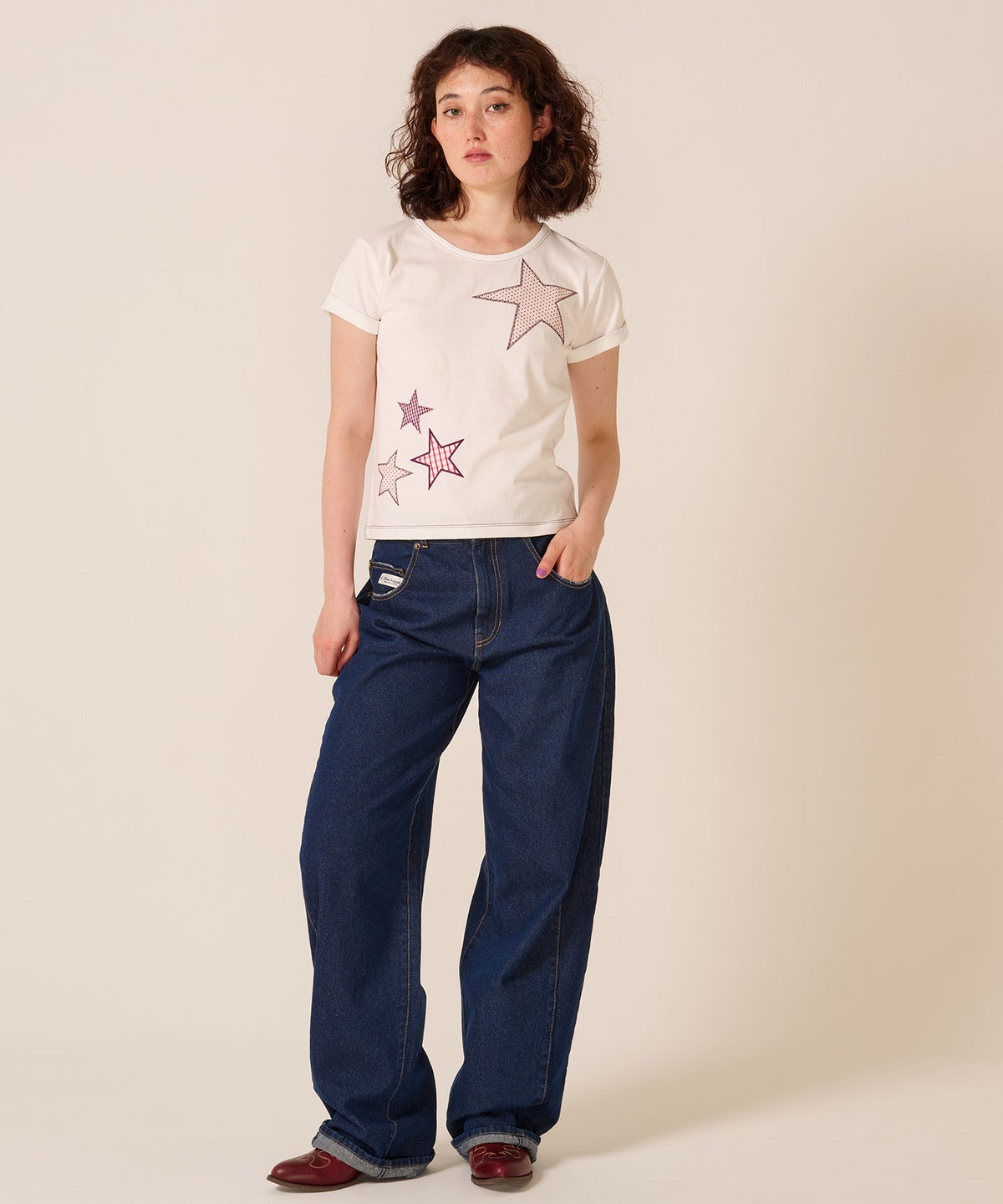 星/カットソー/ドット/スター パッチワーク Tシャツ TINA：JOJUN 