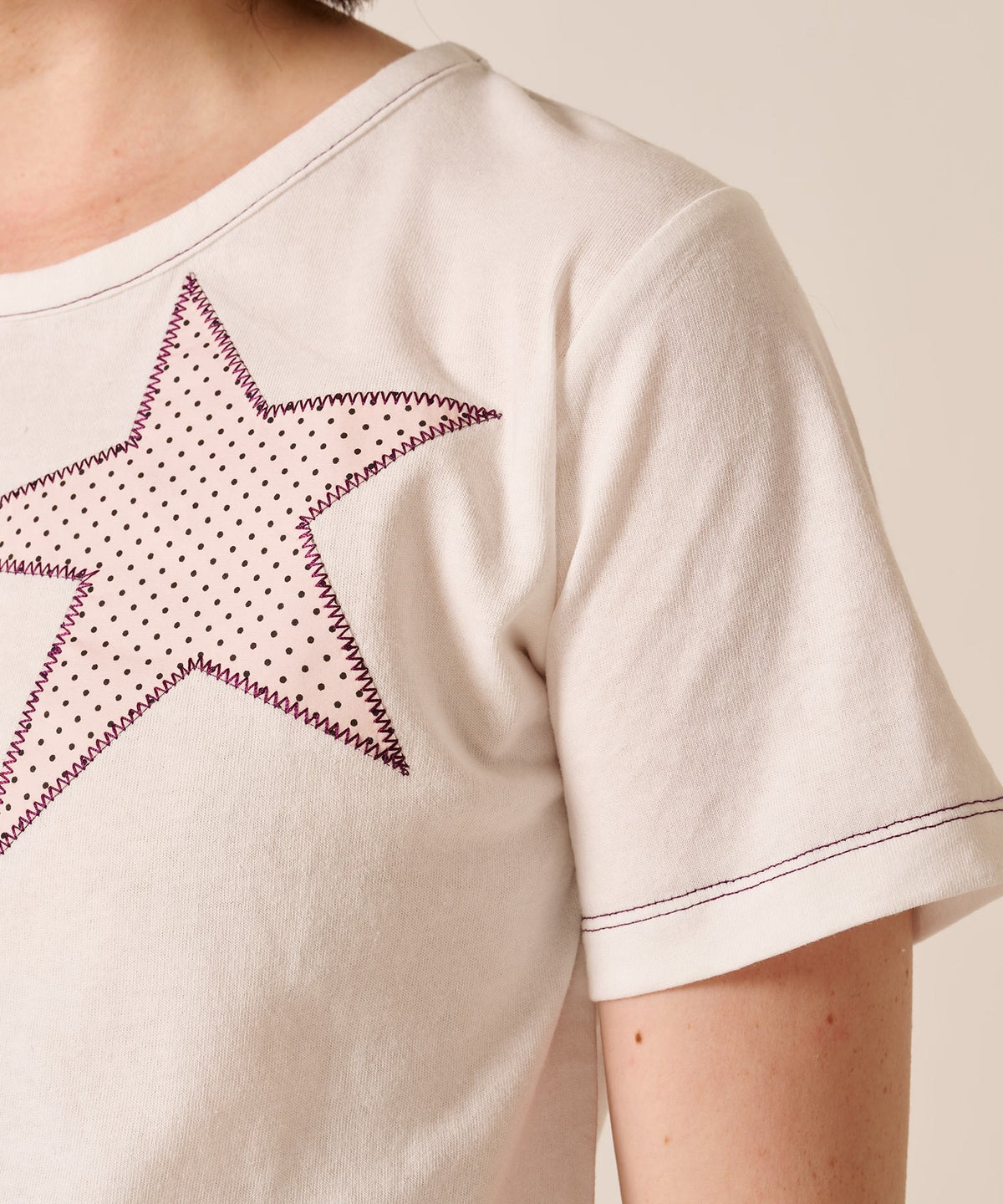 星/カットソー/ドット/スター パッチワーク Tシャツ TINA：JOJUN 