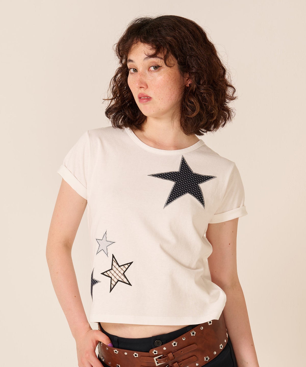 星/カットソー/ドット/スター パッチワーク Tシャツ TINA：JOJUN 