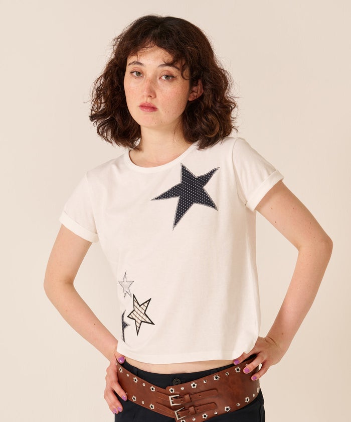 星/カットソー/ドット/スター パッチワーク Tシャツ TINA：JOJUN 