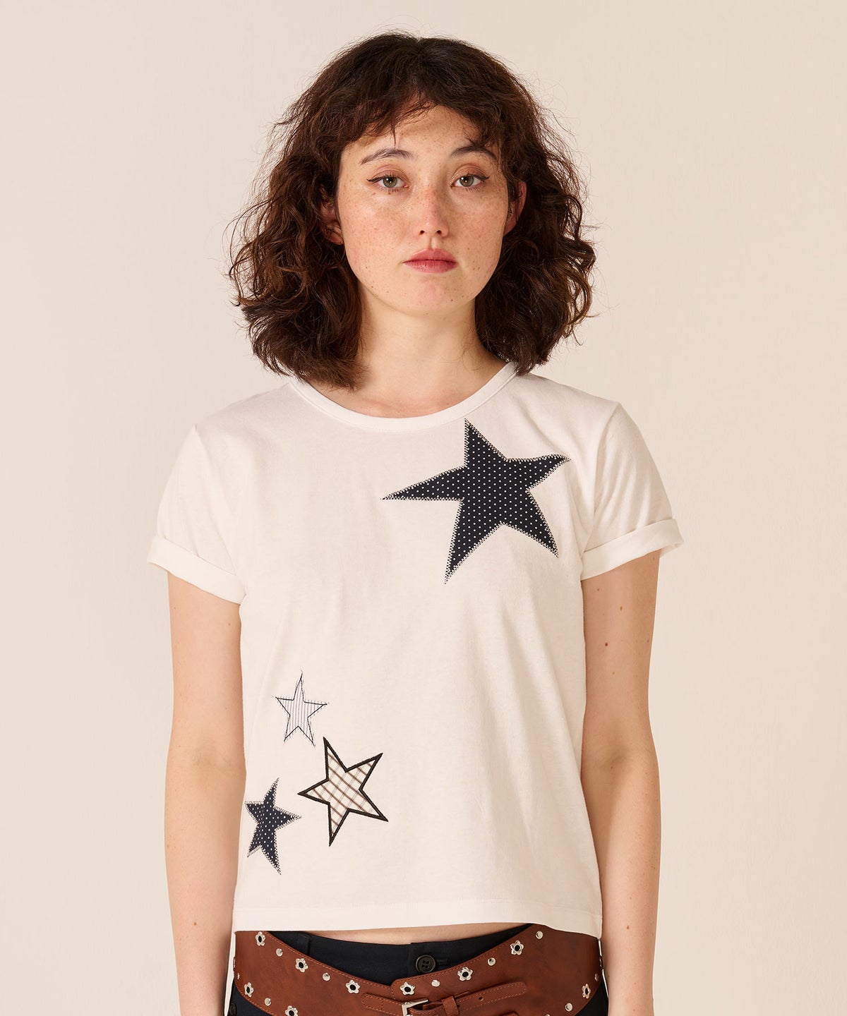 星/カットソー/ドット/スター パッチワーク Tシャツ TINA：JOJUN 