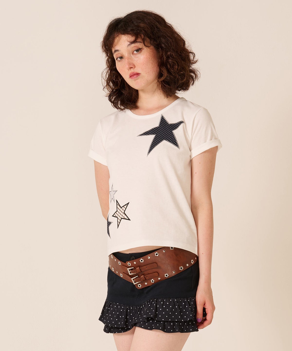星/カットソー/ドット/スター パッチワーク Tシャツ TINA：JOJUN 