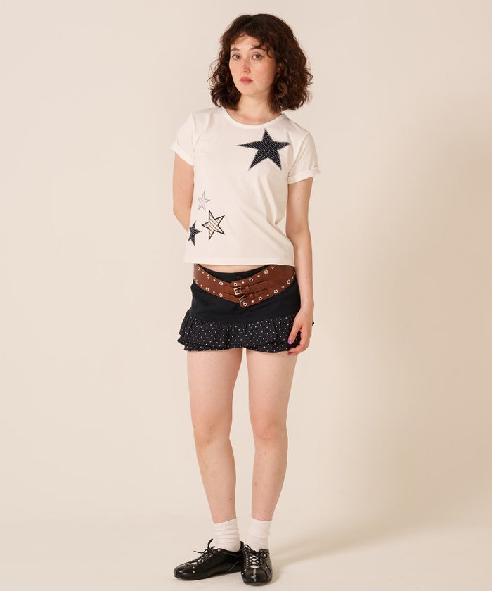 星/カットソー/ドット/スター パッチワーク Tシャツ TINA：JOJUN 