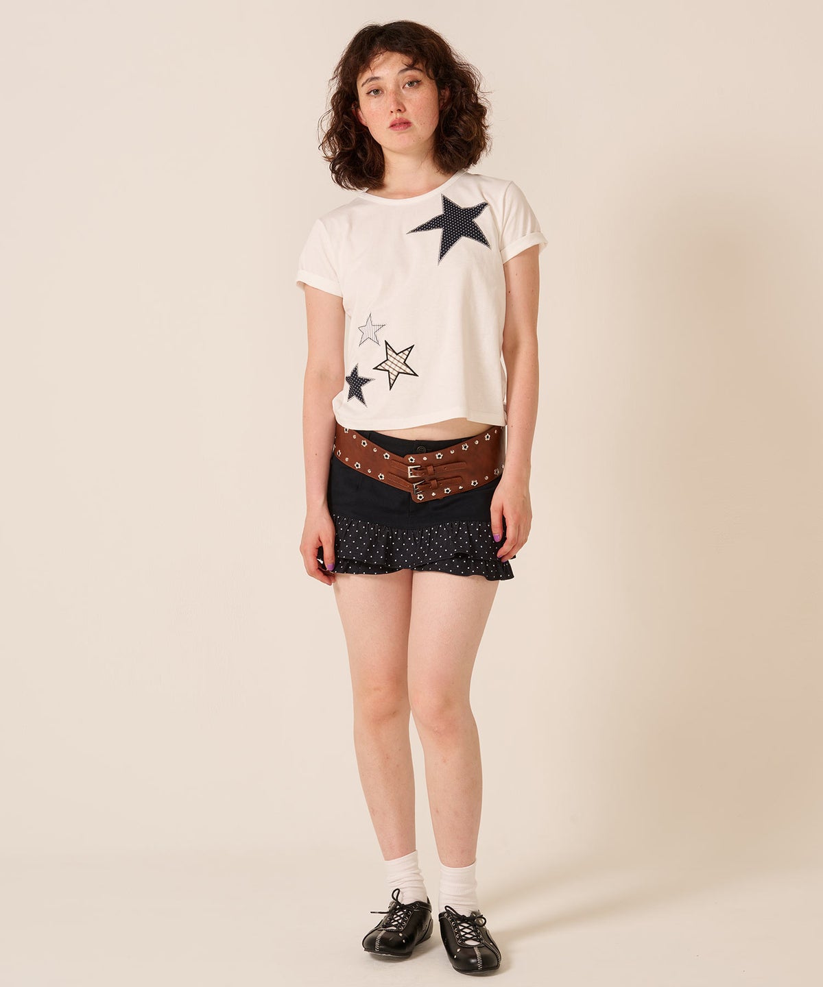 星/カットソー/ドット/スター パッチワーク Tシャツ TINA：JOJUN 