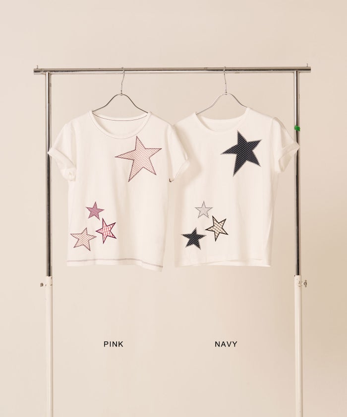 星/カットソー/ドット/スター パッチワーク Tシャツ TINA：JOJUN 