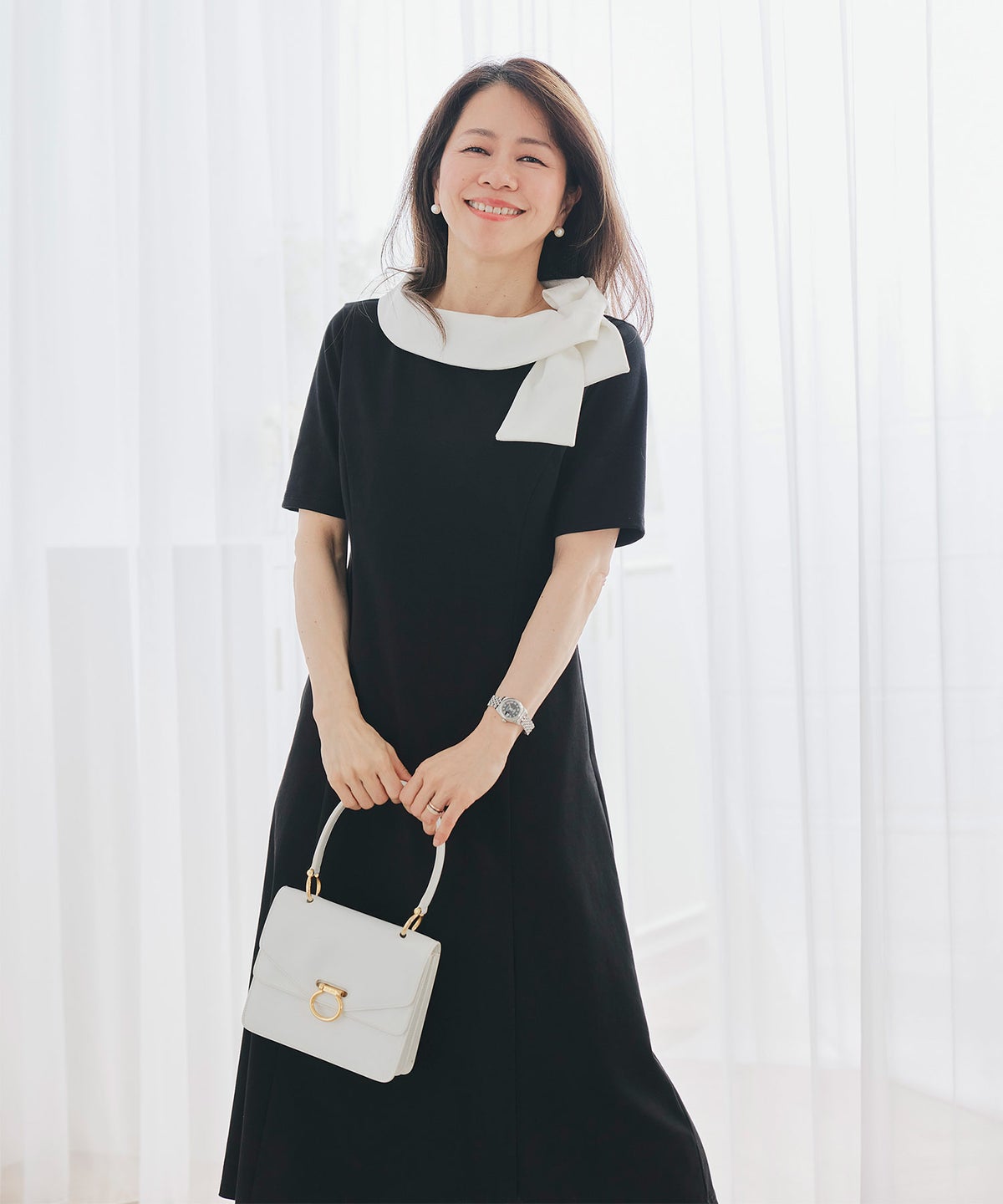 ワンピース ロールカラー バイカラー ブラック ネイビー 半袖 カットソー 襟付き リボン ジョイントスペース ロールカラー ワンピース ＆BLOOM（アンドブルーム）