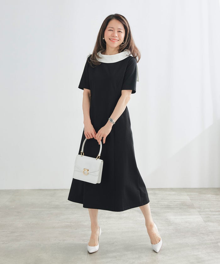 ワンピース ロールカラー バイカラー ブラック ネイビー 半袖 カットソー 襟付き リボン ジョイントスペース ロールカラー ワンピース ＆BLOOM（アンドブルーム）