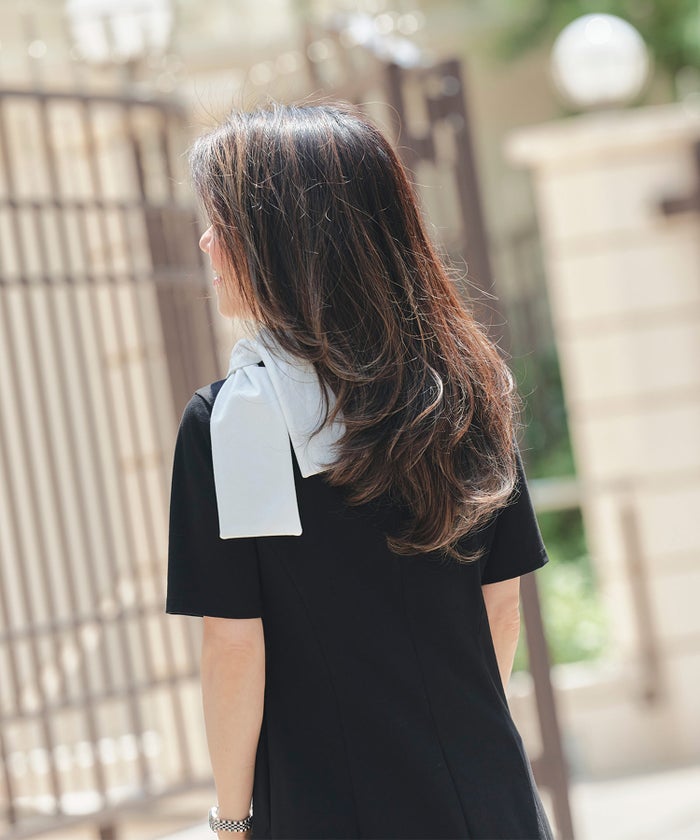 ワンピース ロールカラー バイカラー ブラック ネイビー 半袖 カットソー 襟付き リボン ジョイントスペース ロールカラー ワンピース ＆BLOOM（アンドブルーム）