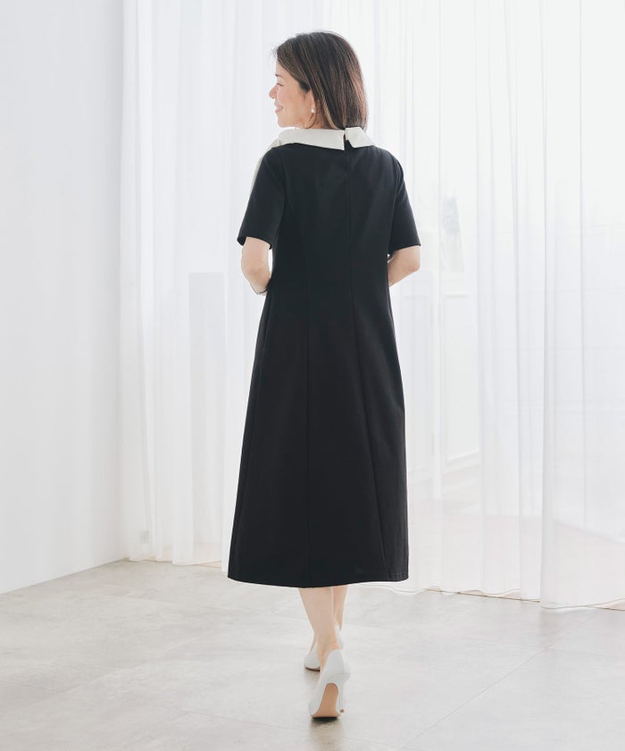 ワンピース ロールカラー バイカラー ブラック ネイビー 半袖 カットソー 襟付き リボン ジョイントスペース ロールカラー ワンピース ＆BLOOM（アンドブルーム）