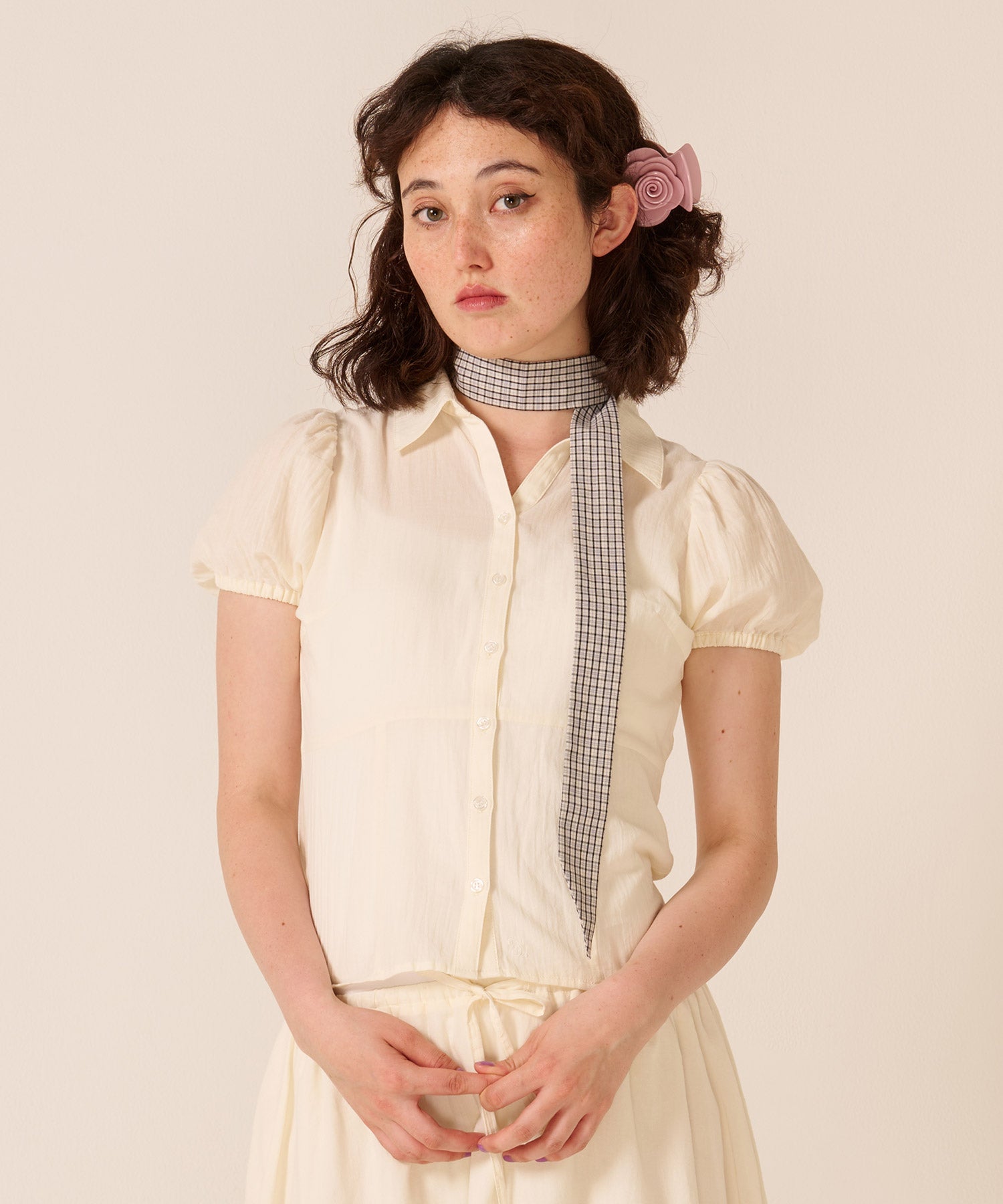 柄リボン付き 半袖ブラウス TINA：JOJUN