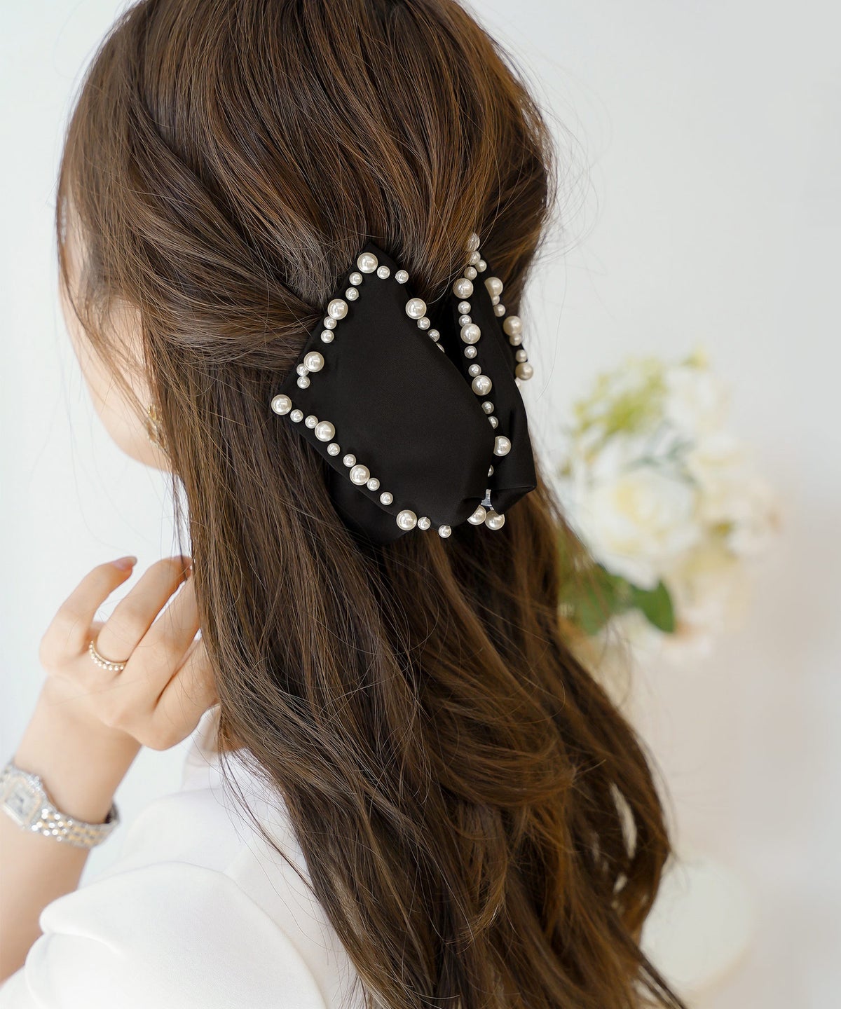 ヘアアクセ アクセサリー バンス 髪留め ヘアアレンジ まとめ髪 お団子 ハーフアップ サテン パール サテン リボン デコレーションパール バンス le reve vaniller