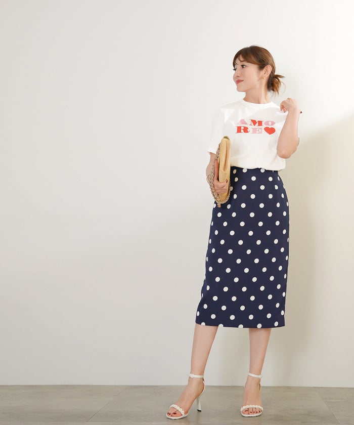 手洗い可 オフィス おしゃれ フェミニン 上品 きれいめ 大人カジュアル 柄 フェニミン ジョイントスペース 水玉タイトスカート Liala×PG