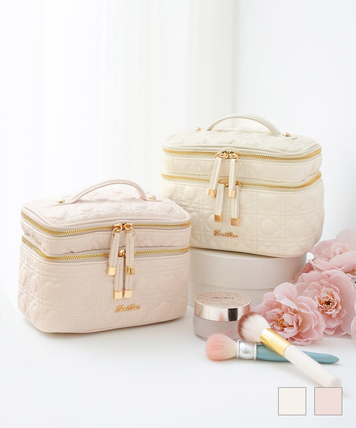 ポーチ ケース 化粧品 コスメ 可愛い ハート キルティング 2段 仕分け 収納 旅行 おしゃれ 多ポケット オリジナル ハートキルティング 2段 コスメ ポーチ le reve vaniller