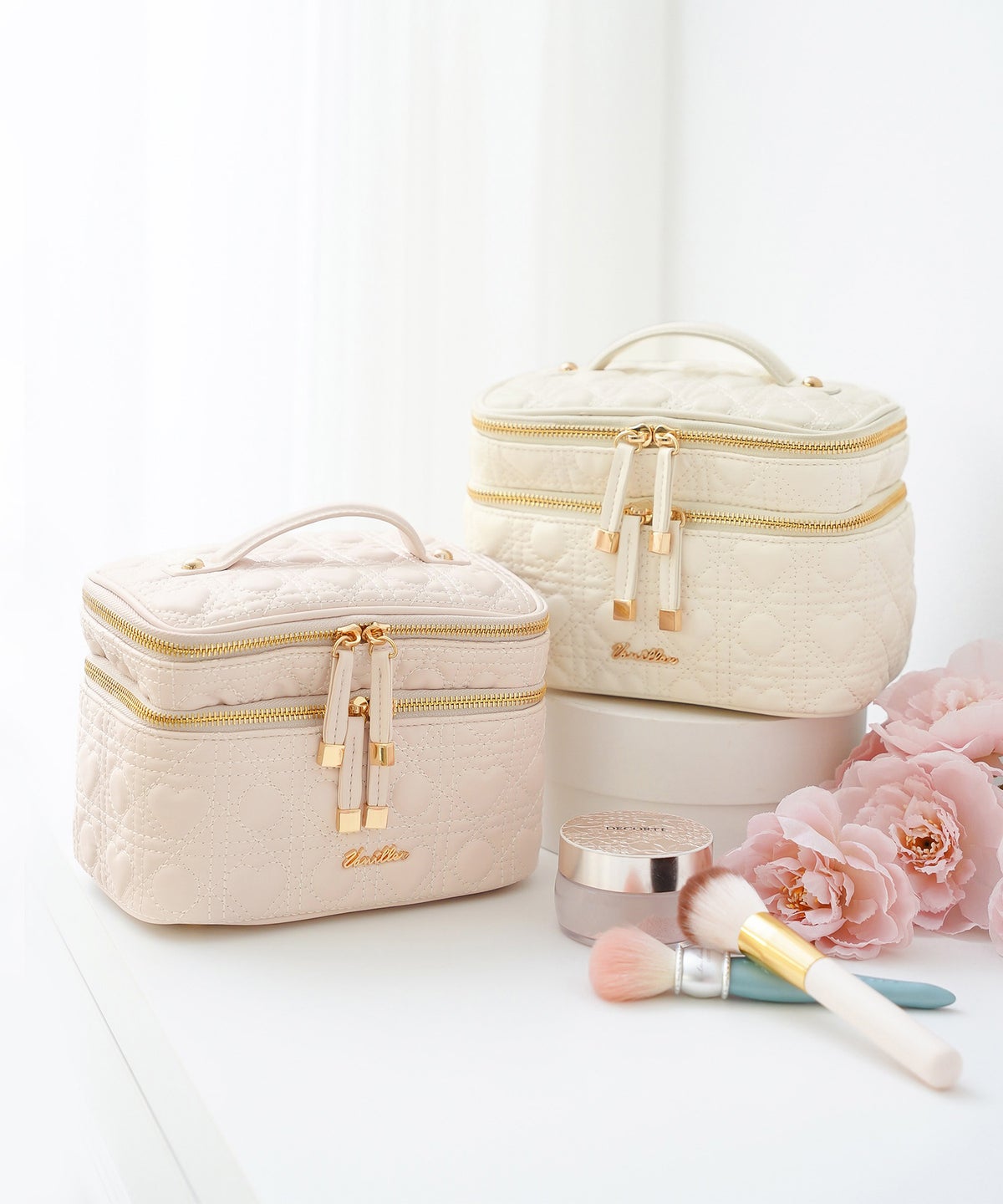 ポーチ ケース 化粧品 コスメ 可愛い ハート キルティング 2段 仕分け 収納 旅行 おしゃれ 多ポケット オリジナル ハートキルティング 2段 コスメ ポーチ le reve vaniller