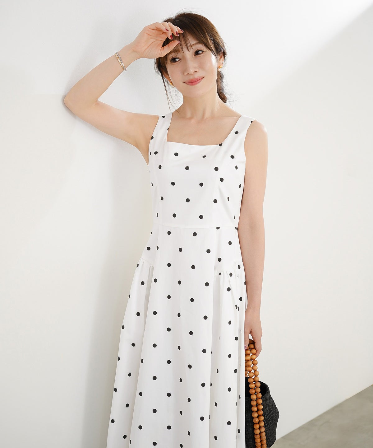 手洗い可 おしゃれ フェミニン 上品 きれいめ 大人カジュアル 柄 夏 フェニミン ジョイントスペース 水玉ノースリワンピース Liala×PG