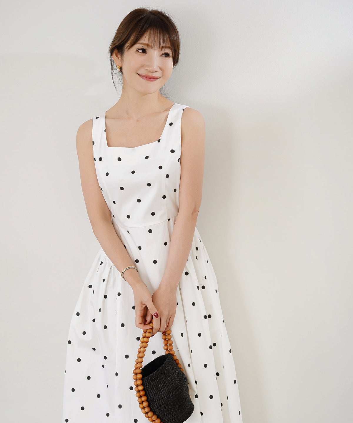 手洗い可 おしゃれ フェミニン 上品 きれいめ 大人カジュアル 柄 夏 フェニミン ジョイントスペース 水玉ノースリワンピース Liala×PG