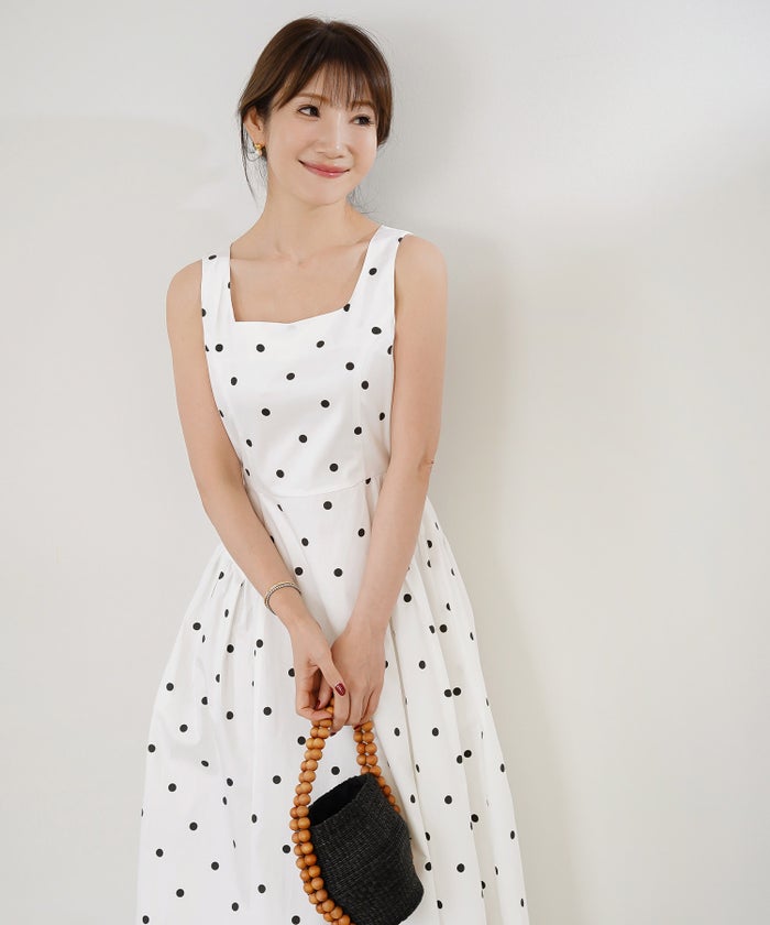 手洗い可 おしゃれ フェミニン 上品 きれいめ 大人カジュアル 柄 夏 フェニミン ジョイントスペース 水玉ノースリワンピース Liala×PG