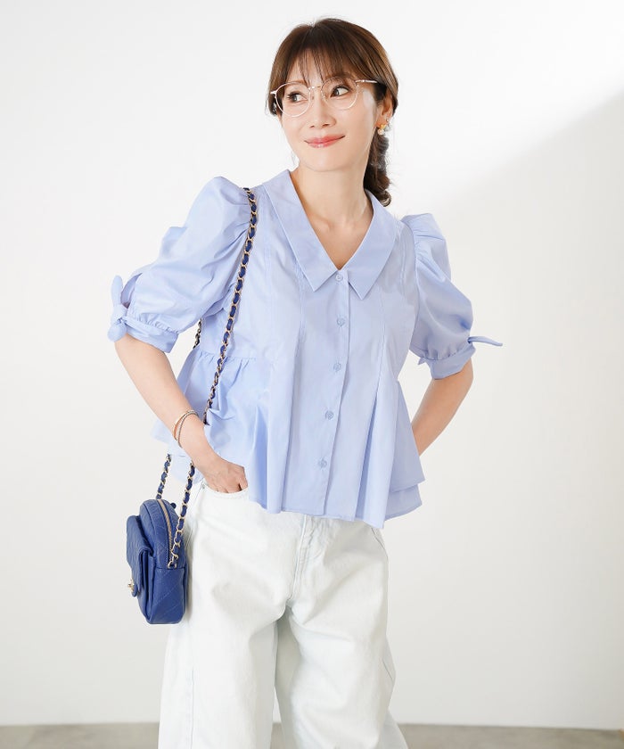 手洗い可 体型カバー オフィス おしゃれ フェミニン 上品 大人可愛い きれいめ 春 夏 ジョイントスペース 袖口リボンペプラムブラウス Liala×PG