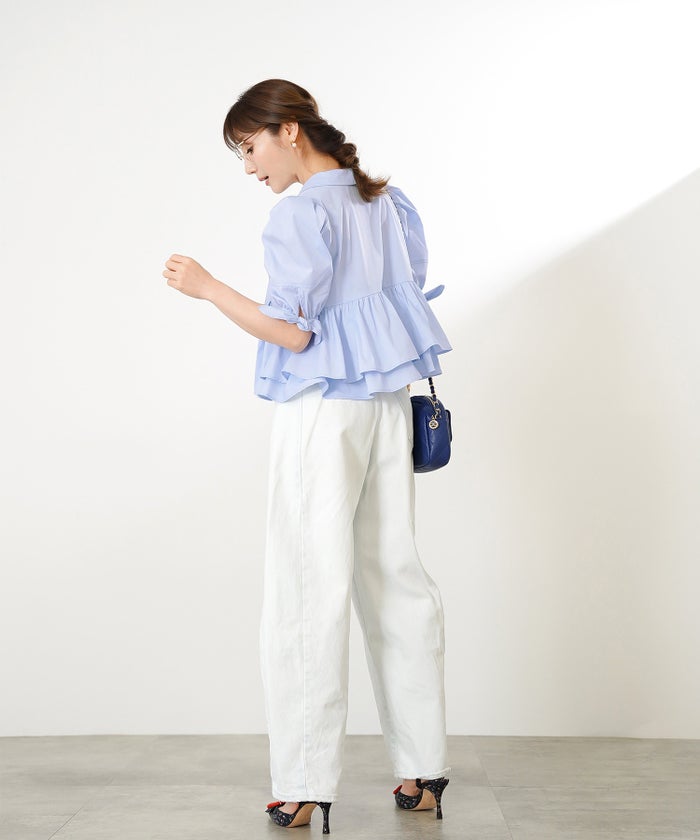 手洗い可 体型カバー オフィス おしゃれ フェミニン 上品 大人可愛い きれいめ 春 夏 ジョイントスペース 袖口リボンペプラムブラウス Liala×PG
