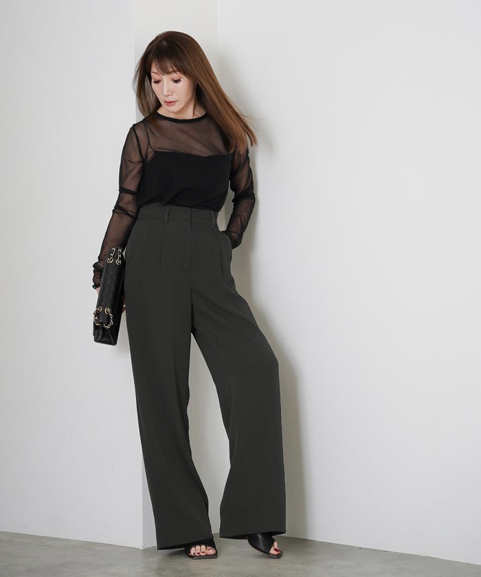 手洗い可 XSサイズ オフィス 大人カジュアル きれいめ  白黒 上品 ロング 美脚 上品 ジョイントスペース とろみワイドパンツ Liala×PG