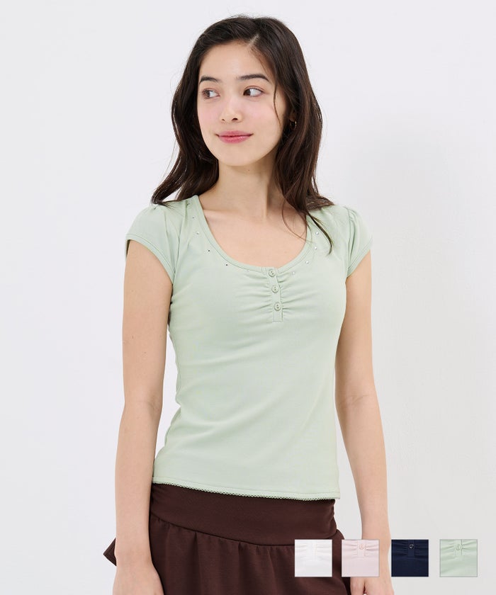 Tシャツ/ストーン/バックオープン ヘンリーネック カットソー TINA：JOJUN